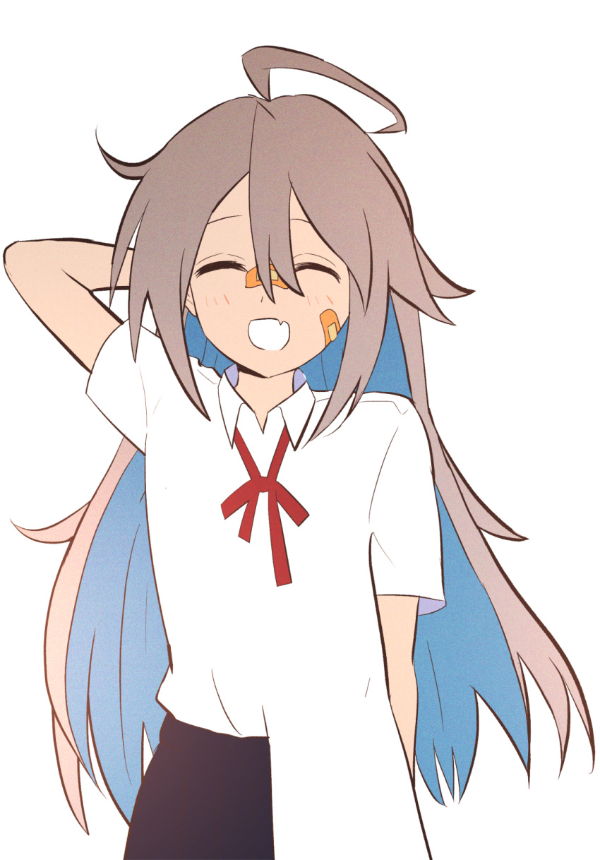1girl, :d, ahoge, alternate_hair_length, alternate_hairstyle, arm_behind_head, bandaid, bandaid_on_cheek, bandaid_on_face, bandaid_on_nose, blue_hair, closed_eyes, colored_inner_hair, do_it_yourself, fang, highres, long_hair, multicolored_hair, school_uniform, skin_fang, smile, solo, two-tone_hair, white_background, yama_(taiga030), yua_serufu