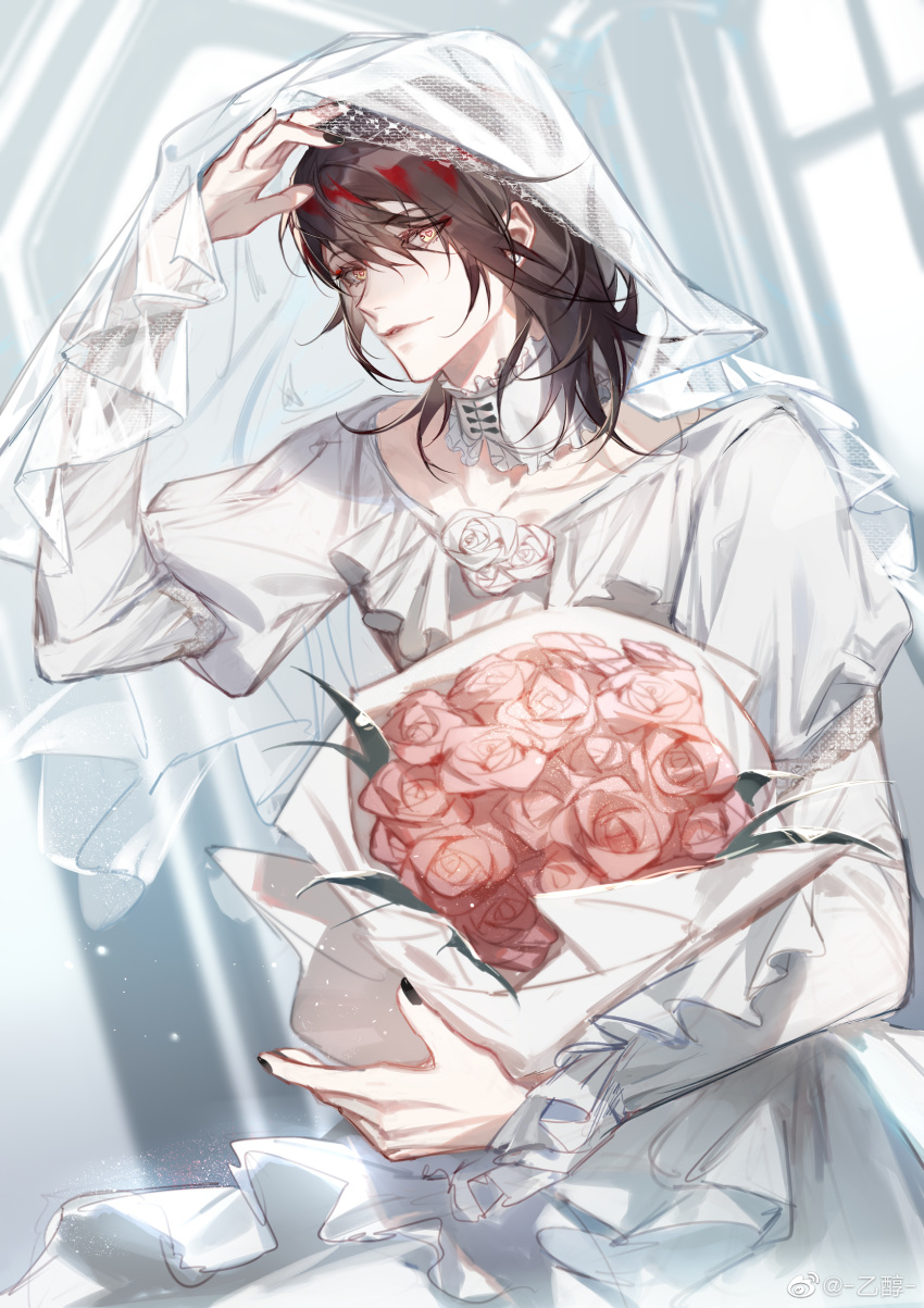 1boy, absurdres, black_hair, black_nails, bouquet, bridal_veil, crossdressing, dress