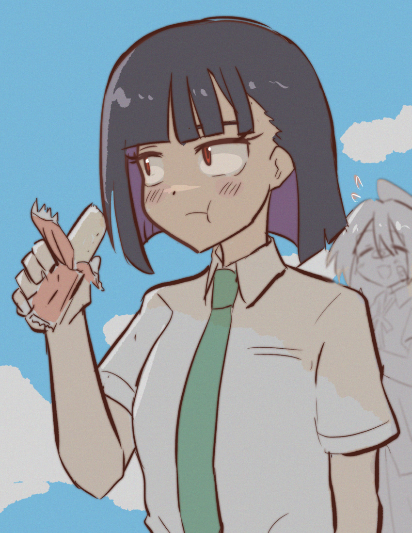 2girls, black_hair, bob_cut, colored_inner_hair, do_it_yourself, eating, highres, multicolored_hair