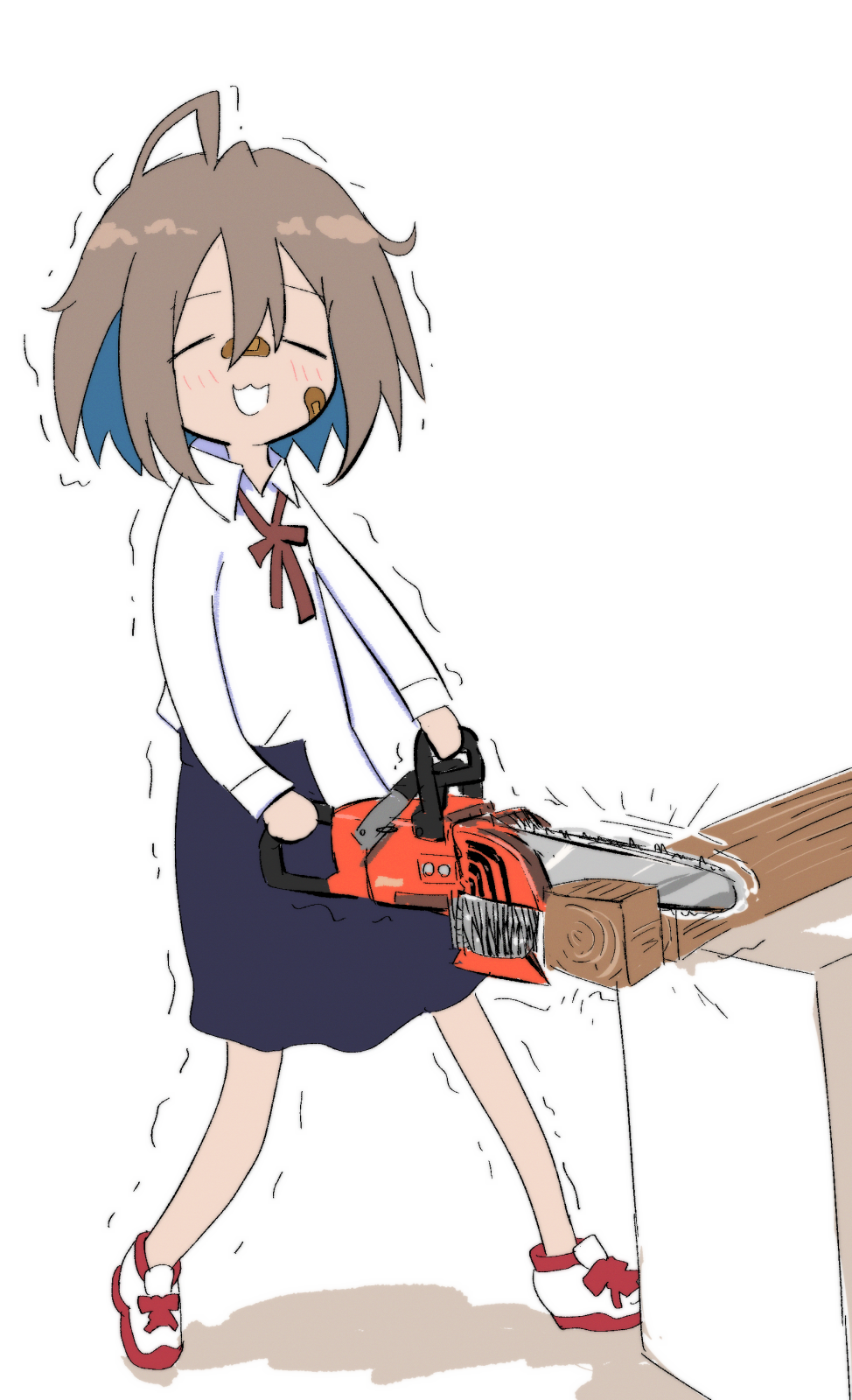 1girl, :3, bandaid, bandaid_on_cheek, bandaid_on_face, bandaid_on_nose, brown_hair, chainsaw