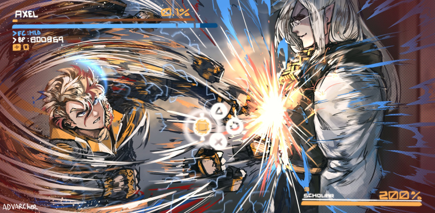 absurdres, anonamos, axel_syrios, black_gloves, black_jacket, blonde_hair, fake_screenshot, gameplay_mechanics
