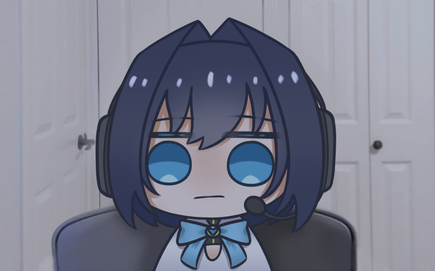 1girl, :|, absurdres, bangs, blue_eyes, blue_hair, blue_ribbon, chair