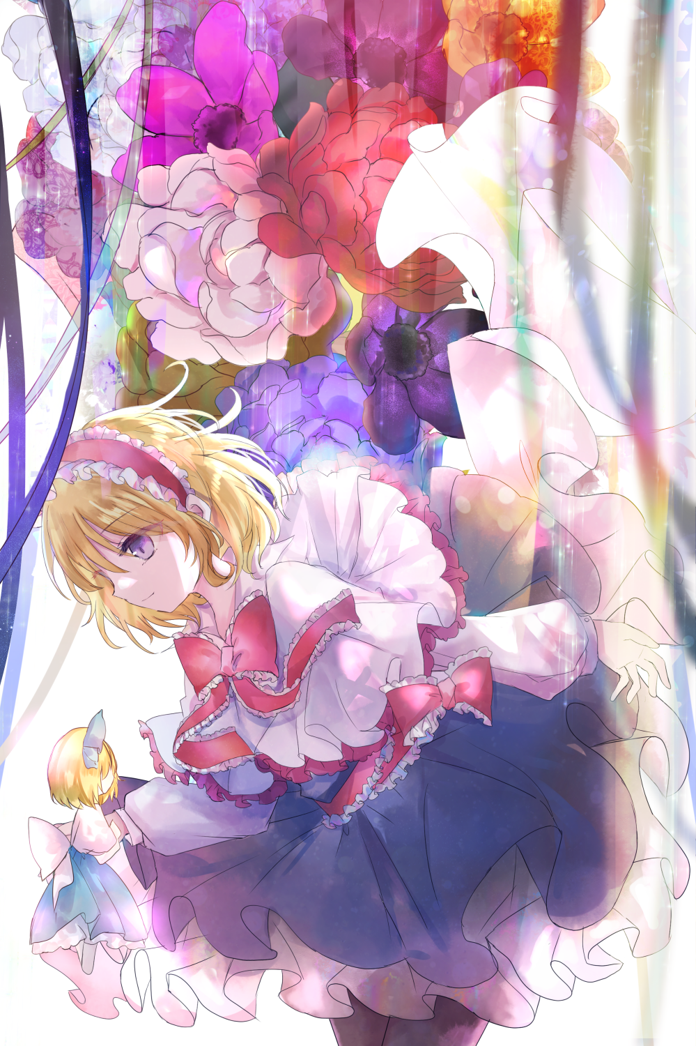 1girl, alice_margatroid, black_thighhighs, blonde_hair, blue_dress, blue_eyes, capelet, cowboy_shot, doll, dress, flower, hairband, highres, kazu_(muchuukai), lolita_hairband, long_sleeves, orange_flower, pink_flower, purple_flower, red_flower, red_hairband, short_hair, solo, thigh-highs, touhou, white_capelet