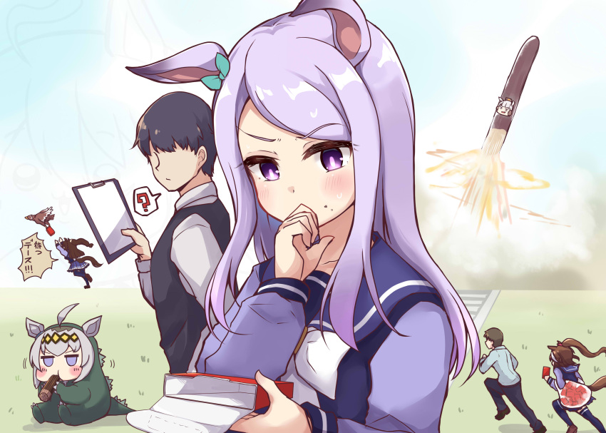 2boys, 5girls, absurdres, animal_ears, binder, bird, black_hair, black_vest, blue_eyes, brown_hair, carrying_bag, ear_ribbon, el_condor_pasa_(umamusume), faceless, faceless_male, gold_ship_(umamusume), grey_hair, hawk, highres, horse_ears, horse_girl, horse_tail, kasumi_kai_ni_(kancolle), long_hair, long_sleeves, mejiro_mcqueen_(umamusume), multiple_boys, multiple_girls, oguri_cap_(gray_monster)_(umamusume), oguri_cap_(umamusume), outdoors, ponytail, purple_hair, rocket, running, school_uniform, short_hair, soramuko, tail, tokai_teio_(umamusume), tracen_school_uniform, umamusume, vest, violet_eyes