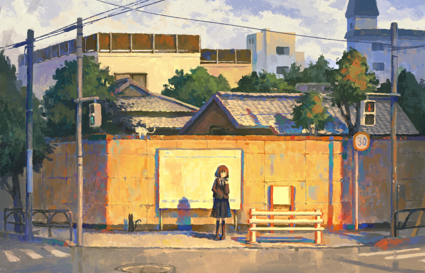 1girl, bangs, black_cat, black_skirt, black_socks, blush, brown_coat, brown_hair, building, cat, city, closed_mouth, coat, commentary, crosswalk, fence, fjsmu, hand_in_pocket, highres, holding, holding_phone, long_sleeves, medium_hair, multiple_cats, original, outdoors, phone, scenery, shoes, skirt, socks, solo, speed_limit_sign, traffic_light, tree, utility_pole, white_cat, wide_shot