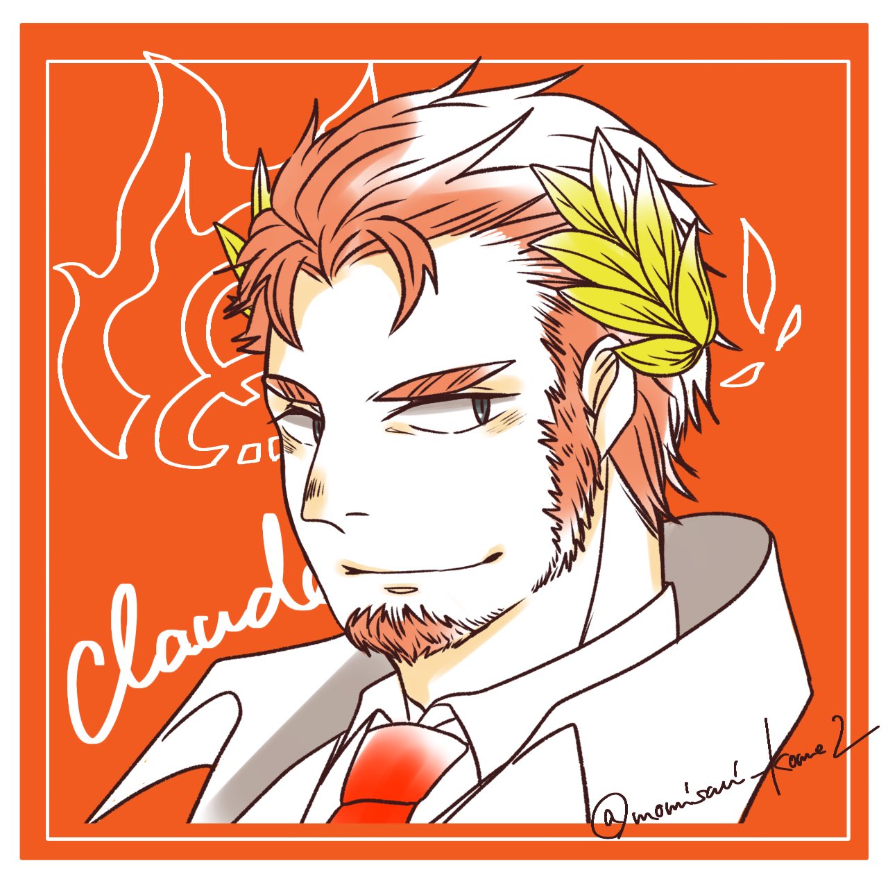 1boy, black_eyes, blush, border, character_name, claude_(housamo), commentary, facial_hair
