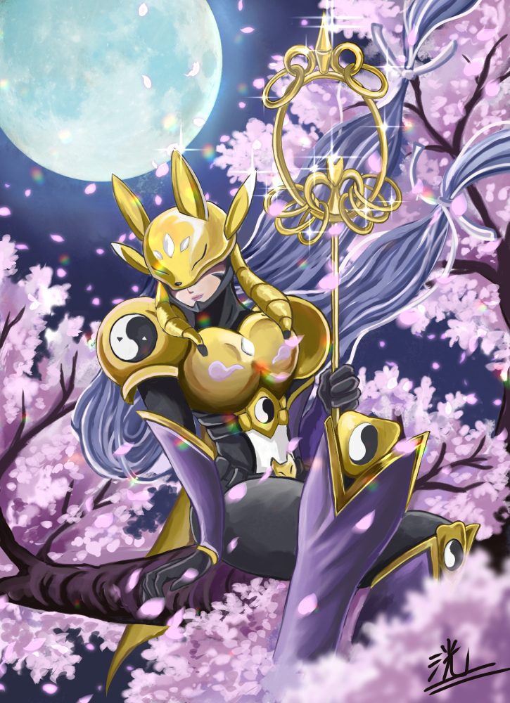 1girl, animal_ears, armor, belt, black_gloves, bodysuit, breasts, cherry_blossoms