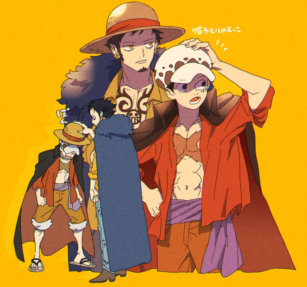 2boys, black_eyes, black_hair, chest_tattoo, chizuko_(chiduk0), coat, coat_on_shoulders, facial_hair, hand_on_headwear, hand_on_hip, hat, hat_removed, headwear_removed, headwear_switch, holding, holding_clothes, holding_hat, looking_at_another, male_focus, monkey_d._luffy, multiple_boys, multiple_views, one_piece, open_clothes, open_shirt, red_shirt, sandals, sash, scar, scar_on_chest, shade, shirt, straw_hat, tattoo, trafalgar_law, yellow_background, yellow_eyes, yellow_shirt