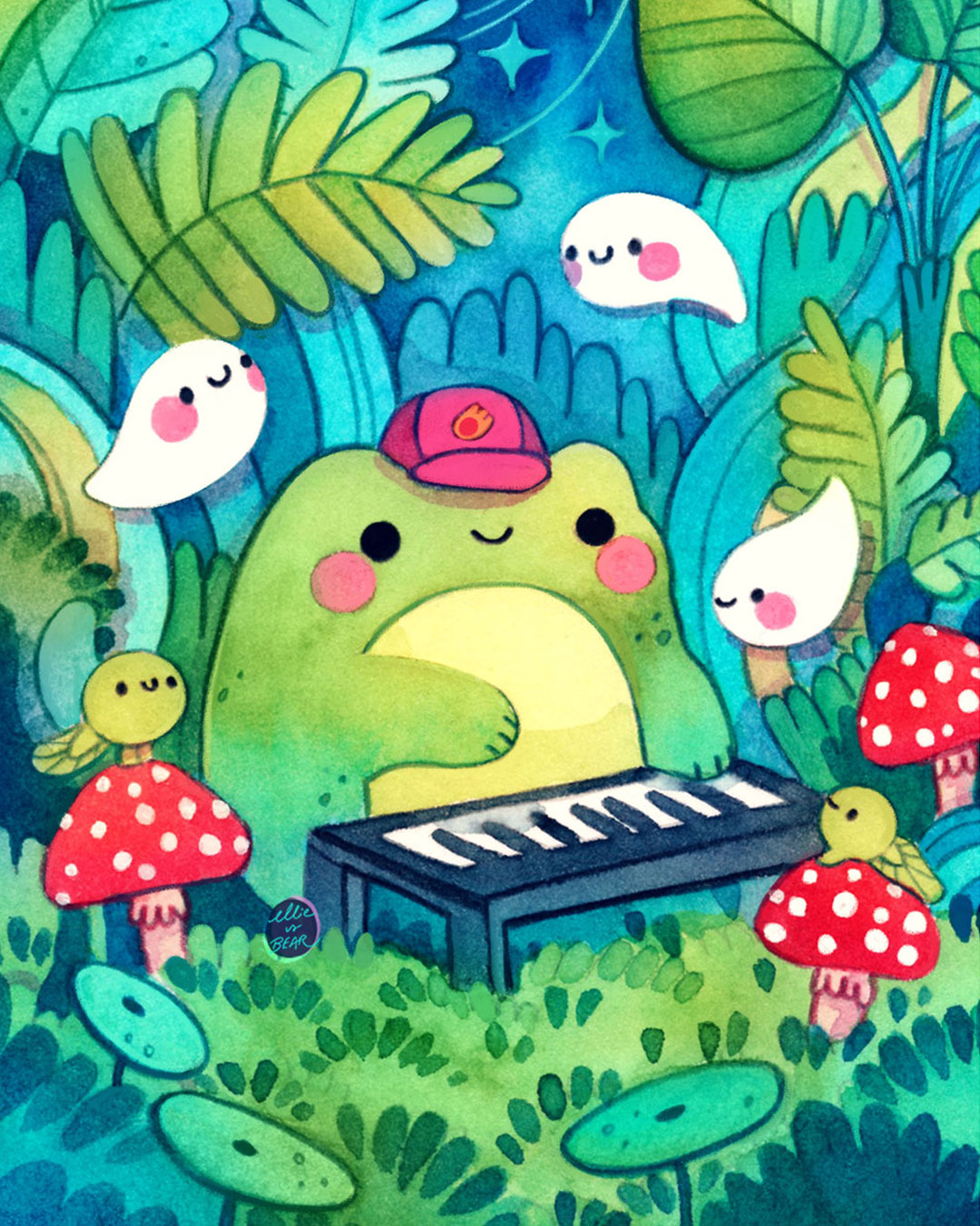 blush, closed_mouth, ellie_(twitter), fauna, frog, ghost, ghost_tail, grass