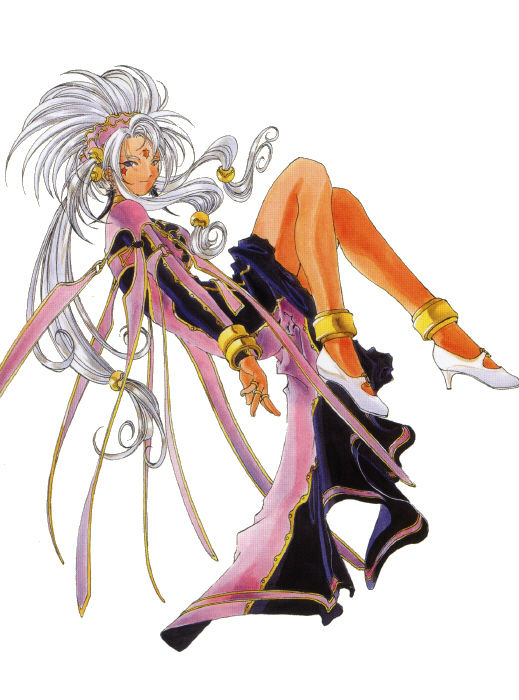 1990s_(style), aa_megami-sama, anklet, bracelet, circlet, dark-skinned_female, dark_skin, demoness, facial_mark, flowing_dress, forehead_mark, full_body, high_heels, hild, jewelry, long_hair, purple_dress, retro_artstyle, solo, two-tone_dress, white_background, white_hair, woman