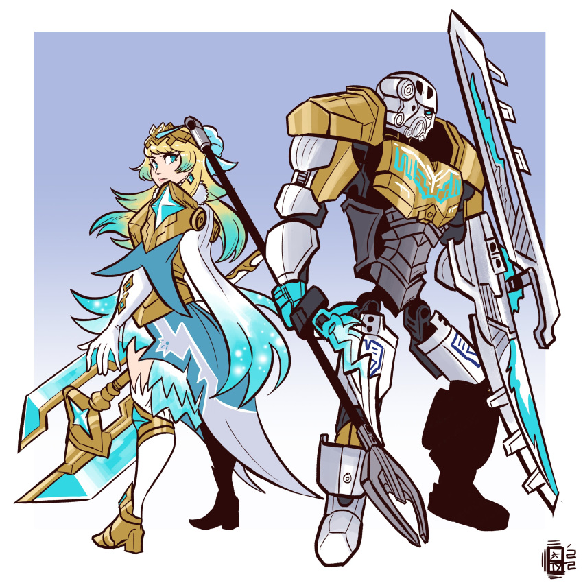 1boy, 1girl, absurdres, axe, bionicle, blonde_hair, blue_eyes, boots