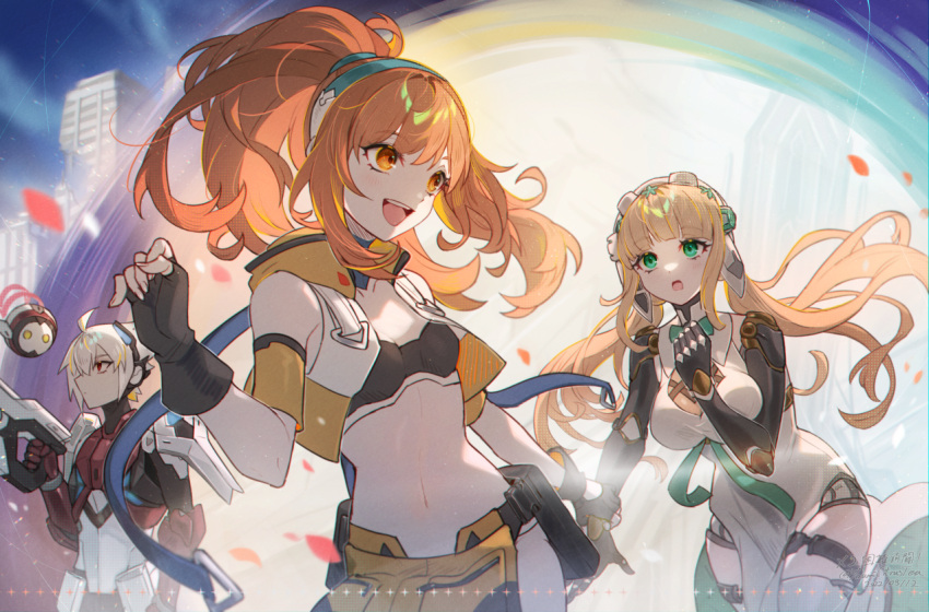 1boy, 2girls, acura_(gunvolt), ahoge, bare_shoulders, blonde_hair, brown_eyes, brown_hair, fingerless_gloves, gloves, green_eyes, gunvolt_chronicles_luminous_avenger_ix, kohaku_(luminous_avenger_ix), long_hair, low_twintails, midriff, multiple_girls, navel, null_(luminous_avenger_ix), ponytail, red_eyes, roro_(gunvolt), sleeveless, thigh-highs, twintails, very_long_hair, white_hair, youmicitrustea