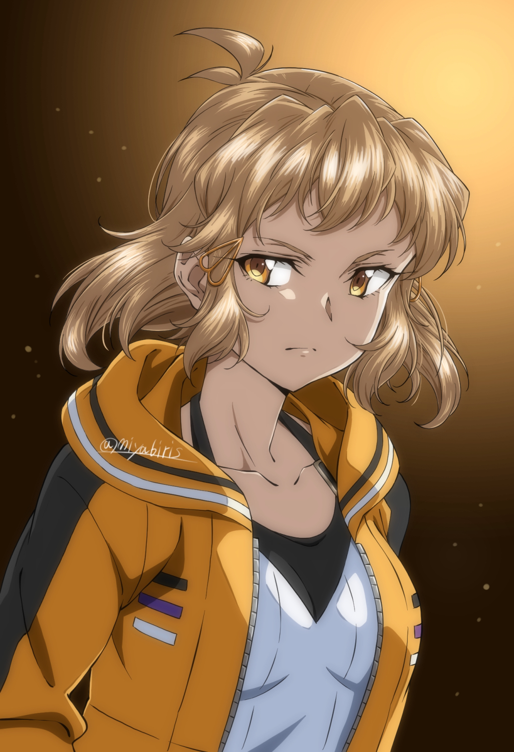 1girl, blonde_hair, closed_mouth, collarbone, floating_hair, frown, hair_ornament, hairclip, highres, hood, hood_down, hooded_jacket, jacket, long_hair, looking_at_viewer, miyabi_mt-b, open_clothes, open_jacket, senki_zesshou_symphogear, shiny, shiny_hair, shirt, solo, tachibana_hibiki_(symphogear)_(another), twitter_username, unzipped, upper_body, white_shirt, yellow_eyes, yellow_jacket