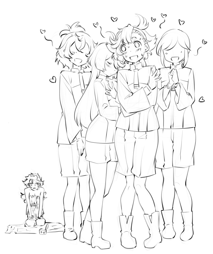 1boy, 4girls, :d, blush, closed_eyes, commentary_request, crossed_arms, crying