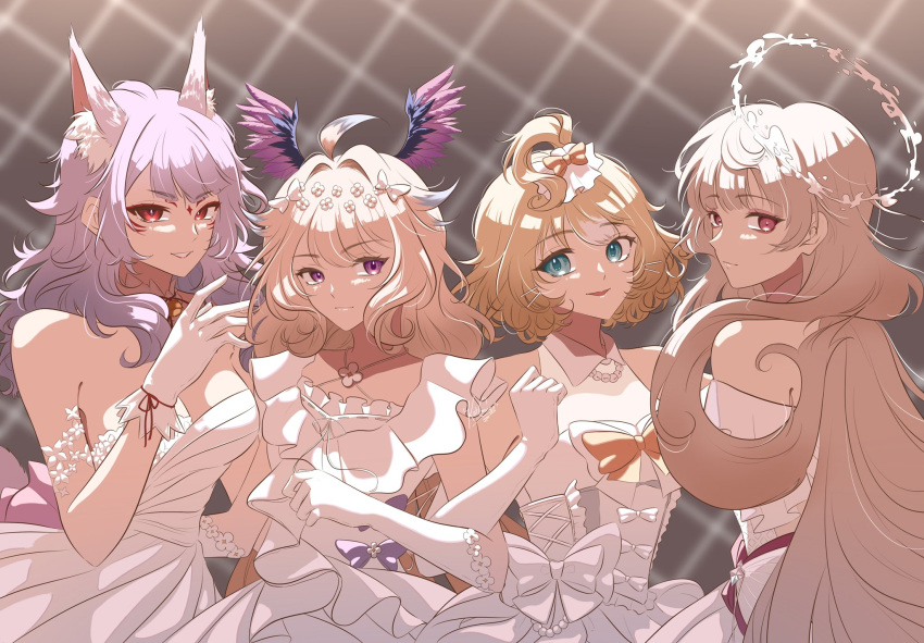 4girls, ahoge, animal_ear_fluff, animal_ears, aqua_eyes, bangs, bare_shoulders, blonde_hair, blue_eyes, bow, closed_mouth, cowlick, dress, elbow_gloves, enna_alouette, ethyria, flower, fox_ears, gloves, grey_hair, hair_bow, hair_flower, hair_ornament, hairclip, head_wings, highres, jewelry, katcmanga, locked_arms, long_hair, looking_at_viewer, looking_back, millie_parfait, multiple_girls, nijisanji, nijisanji_en, nina_kosaka, parted_lips, red_eyes, reimu_endou, short_hair, sidelighting, signature, smile, stage_lights, standing, upper_body, violet_eyes, white_dress, white_gloves