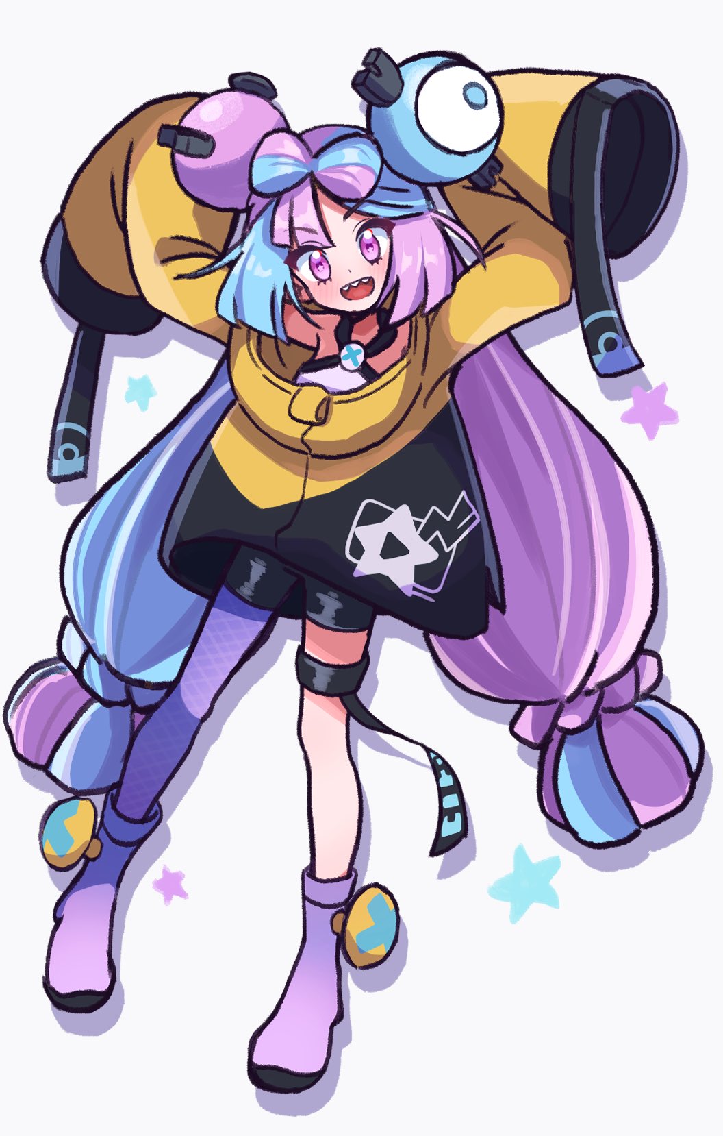 1girl, :d, arms_up, bangs, black_shorts, blue_hair, boots, character_hair_ornament