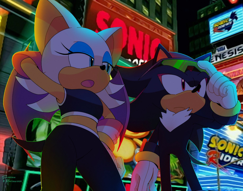 1boy, 1girl, animal_ears, bat_wings, black_fur, black_hair, black_sports_bra, blue_eyes