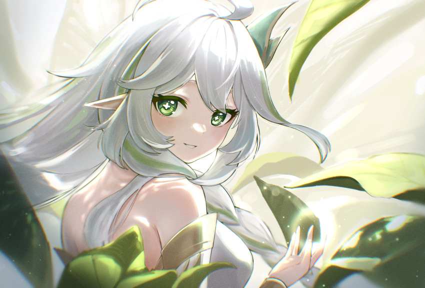 1girl, bare_shoulders, braid, breasts, dress, genshin_impact, grey_hair, hair_ornament