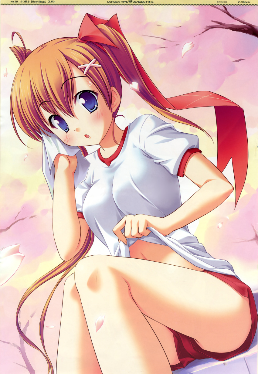 backstage, backstage_(tjr), fixed, gym_uniform, highres, mikagami_saori, petals, shirt_lift