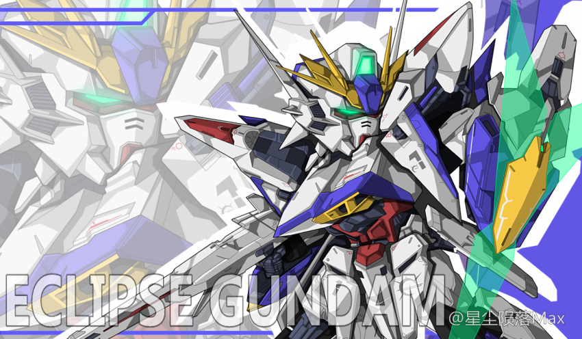 artist_name, character_name, chinese_commentary, eclipse_gundam, energy_barrier, energy_shield, glowing, glowing_eye