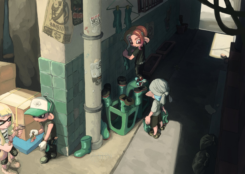 1girl, 3boys, alley, aqua_hair, black_footwear, black_shorts, blonde_hair, boots