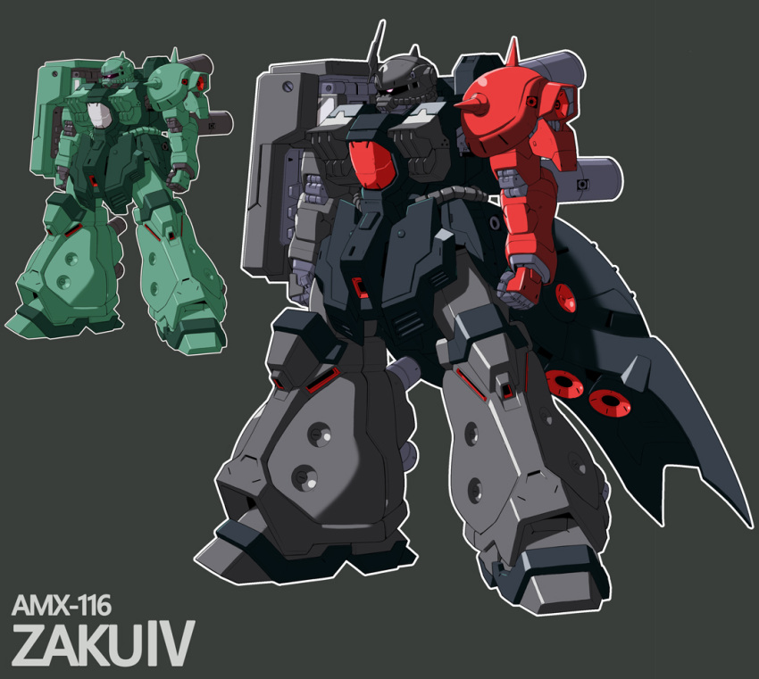 asaba_naoto, character_name, clenched_hands, grey_background, gundam, horns, mecha, mobile_suit, moon_gundam, no_humans, one-eyed, pink_eyes, robot, science_fiction, single_horn, variations, zaku_iv