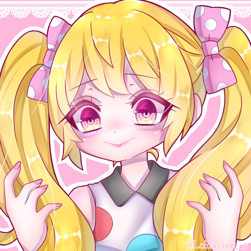 1girl, absurdres, animal_crossing, bangs, blonde_hair, blunt_bangs, bow, chrissy_(animal_crossing), dress, hair_bow, highres, humanization, lolita_1105_15, nail_polish, personification, pink_eyes, polka_dot, polka_dot_dress, solo, twintails, upper_body