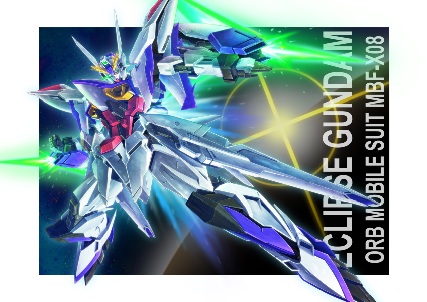 absurdres, arm_blade, border, character_name, clenched_hand, commentary, eclipse_gundam, energy_blade