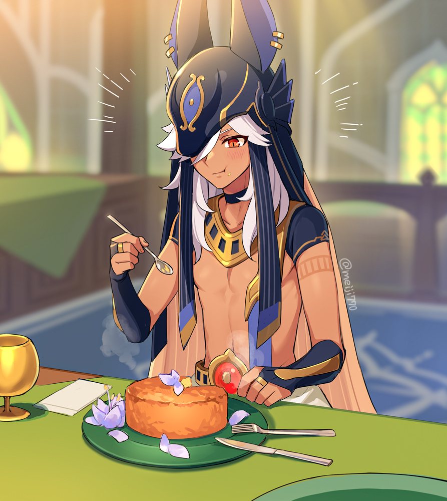 1boy, animal_hat, bangs, black_choker, black_headwear, blurry, blurry_background, blush
