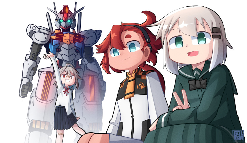 3girls, ahoge, arm_up, artist_logo, bandaid, bandaid_on_face, bandaid_on_knee, bandaid_on_leg