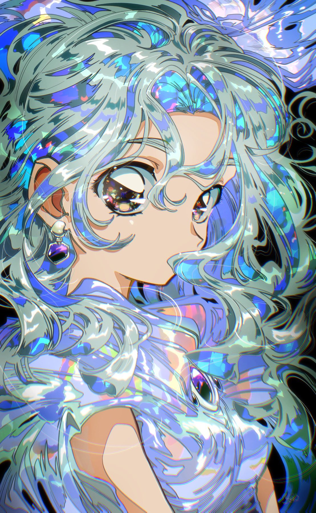1girl, blue_dress, blue_hair, brooch, colored_inner_hair, dress, earrings, floating_hair, grey_hair, hair_over_mouth, highres, hrn_yc, jewelry, long_hair, looking_at_viewer, multicolored_hair, original, shiny, shiny_clothes, shiny_hair, short_sleeves, signature, solo, thick_eyebrows, two-tone_hair, upper_body