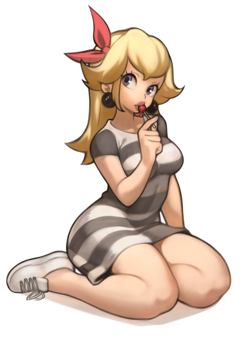 1girl, ad, alternate_costume, alternate_hairstyle, bandana, blonde_hair, blue_eyes, candy