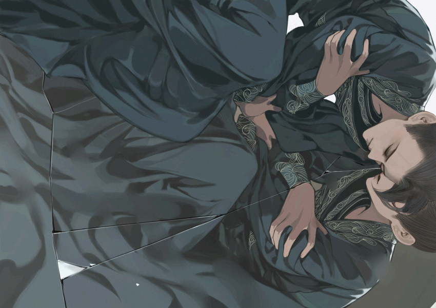 2boys, black_hair, burusiji, character_request, chinese_clothes, closed_eyes, closed_mouth, comforting