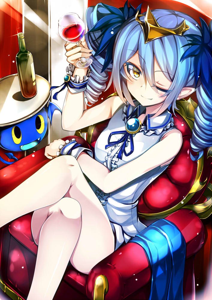 1girl, alcohol, bare_shoulders, blue_hair, blue_ribbon, bombergirl, bottle, brooch