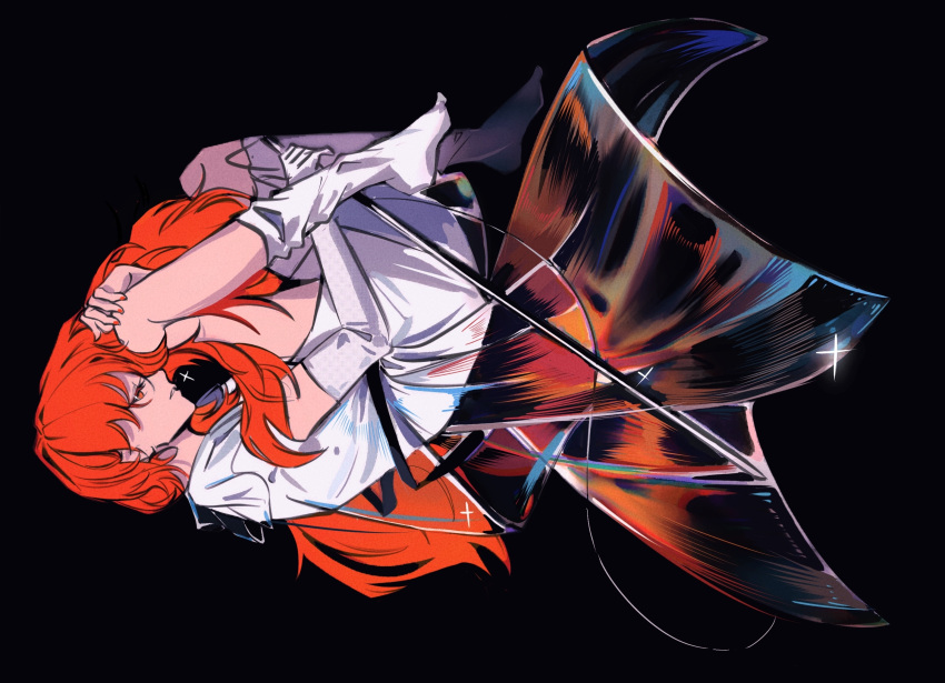1other, androgynous, black_background, elbow_gloves, eyelashes, fetal_position, from_side, full_body, gloves, half-closed_eyes, highres, holding, holding_sword, holding_weapon, houseki_no_kuni, knee_up, long_hair, looking_away, musheng656, no_shoes, other_focus, padparadscha_(houseki_no_kuni), profile, red_eyes, redhead, see-through, shorts, sideways, socks, solo, sparkle, sword, very_long_hair, weapon, white_gloves, white_shorts, white_socks