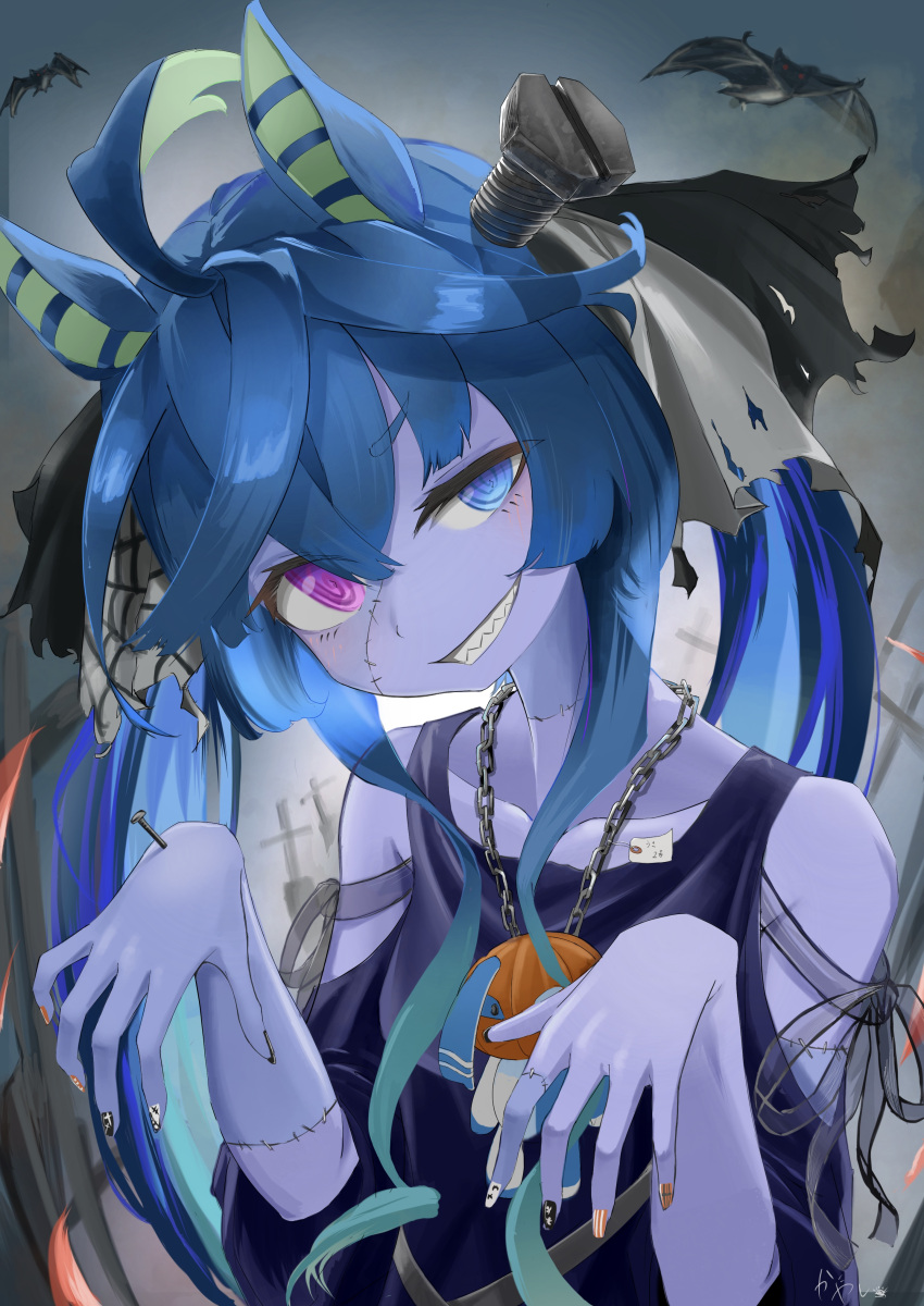 1girl, @_@, absurdres, ahoge, aqua_hair, bangs, bat_(animal), black_ribbon