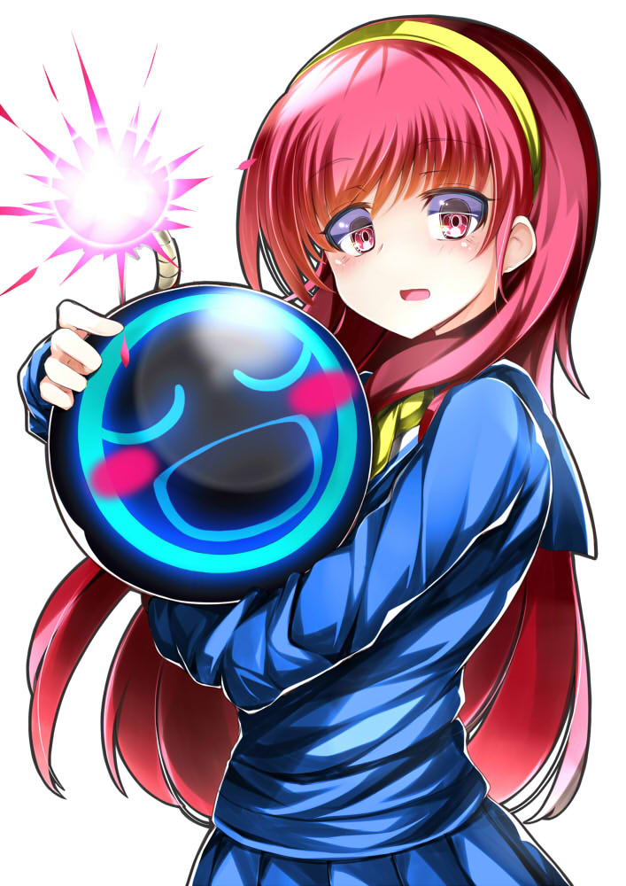 1girl, bangs, blue_sailor_collar, blue_skirt, bomb, bombergirl, fujisaki_shiori, fuse, hairband, holding, holding_bomb, kirameki_high_school_uniform, lit_fuse, long_hair, long_sleeves, omochishiki, open_mouth, pink_eyes, pink_hair, pleated_skirt, sailor_collar, school_uniform, serafuku, simple_background, skirt, solo, tokimeki_memorial, tokimeki_memorial_1, white_background, yellow_hairband