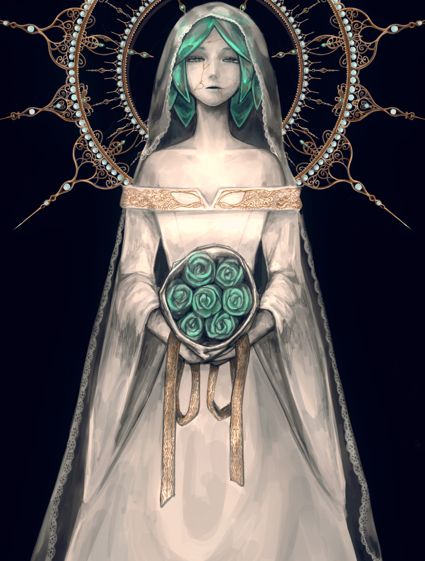 1other, absurdres, androgynous, aqua_eyes, aqua_flower, aqua_hair, bare_shoulders, black_background