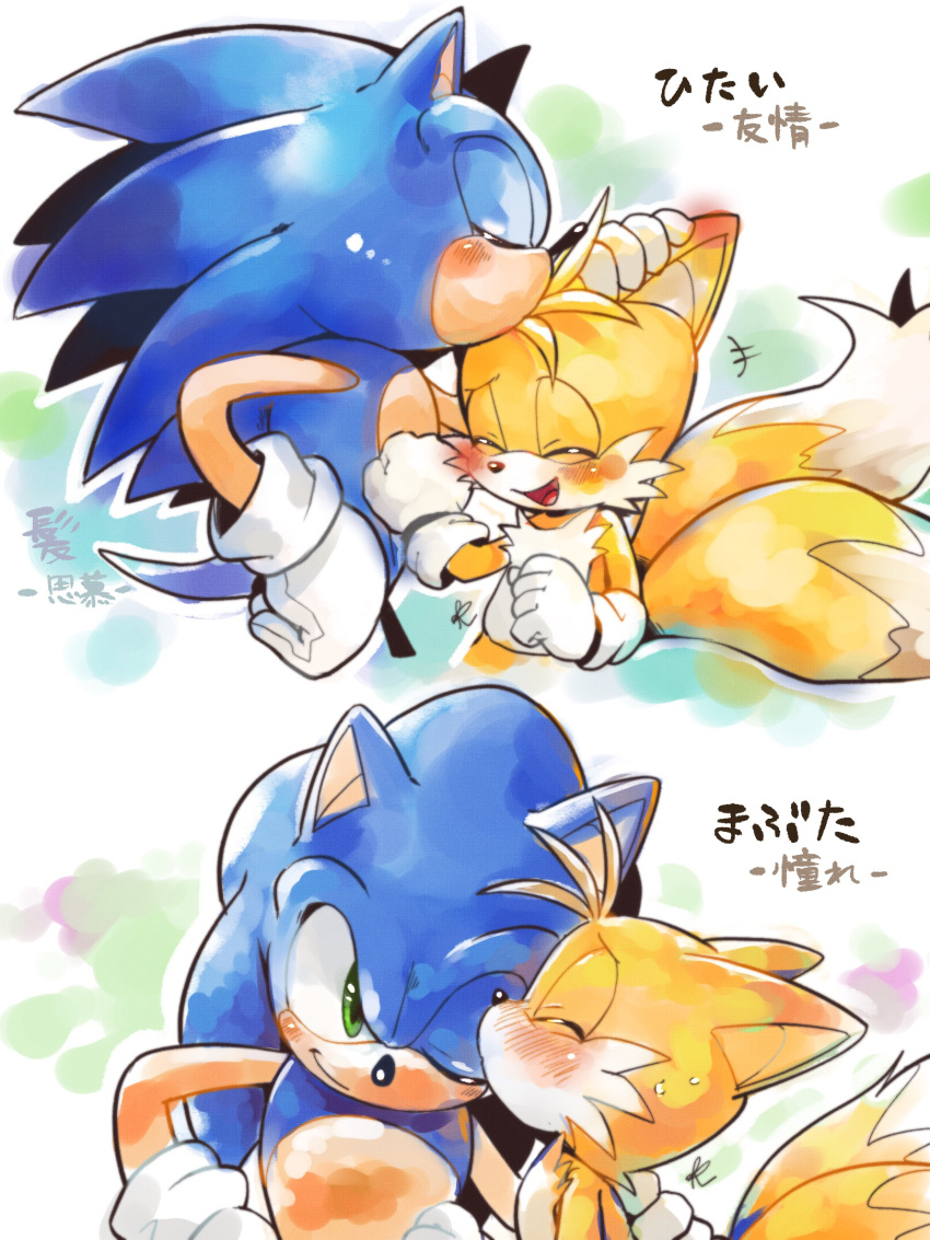 2boys, blue_fur, clenched_hand, commentary_request, cub, fox_tail, furry, furry_male