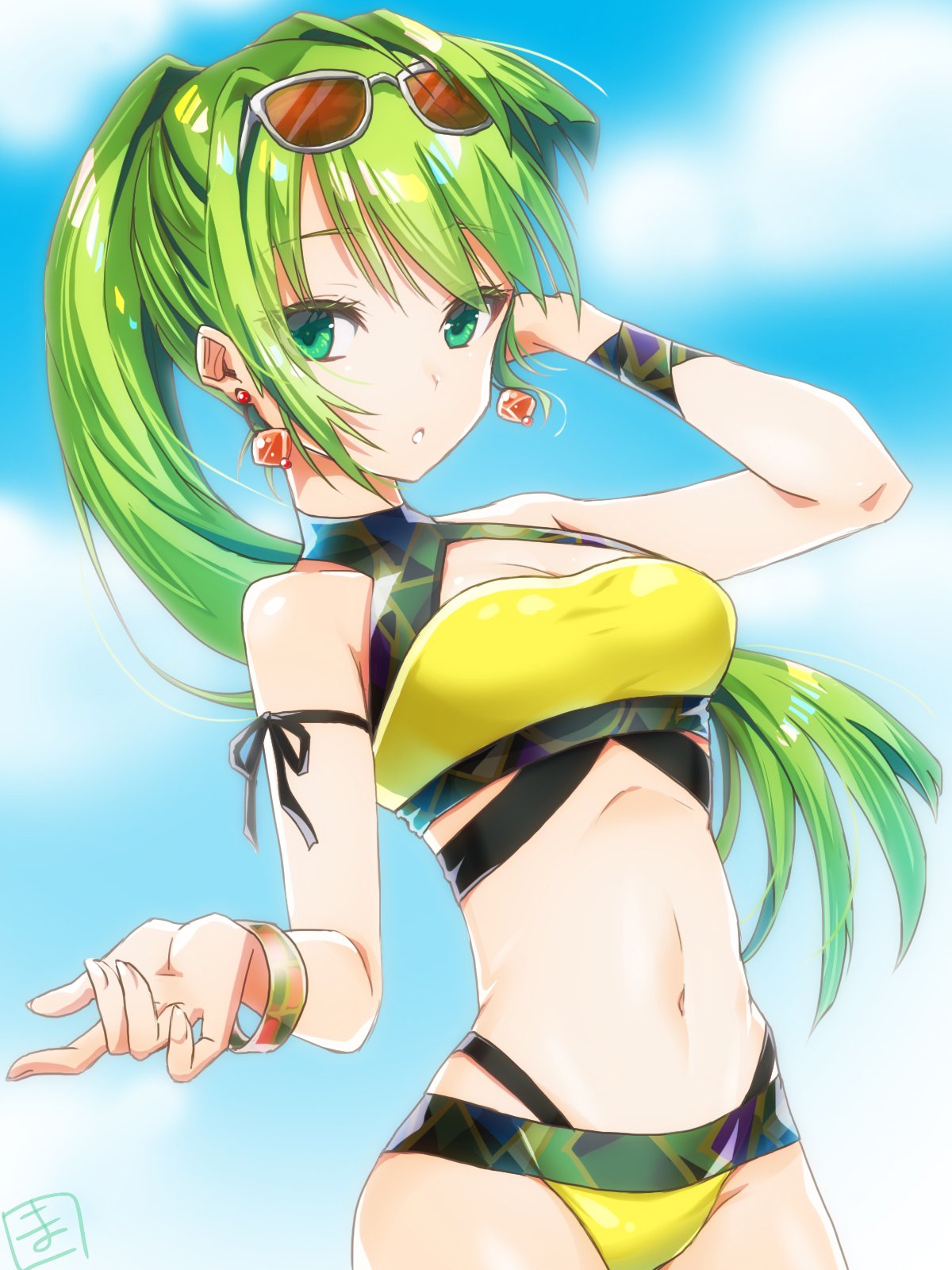 1girl, alina_gray, alina_gray_(swimsuit_costume), aqua_eyes, bangs, bare_shoulders, bikini, blush, bracelet, closed_mouth, earrings, eyewear_on_head, green_hair, hair_between_eyes, highres, jewelry, long_hair, looking_at_viewer, m_ritaro, magia_record:_mahou_shoujo_madoka_magica_gaiden, mahou_shoujo_madoka_magica, official_alternate_costume, ponytail, solo, sunglasses, swimsuit, yellow_bikini