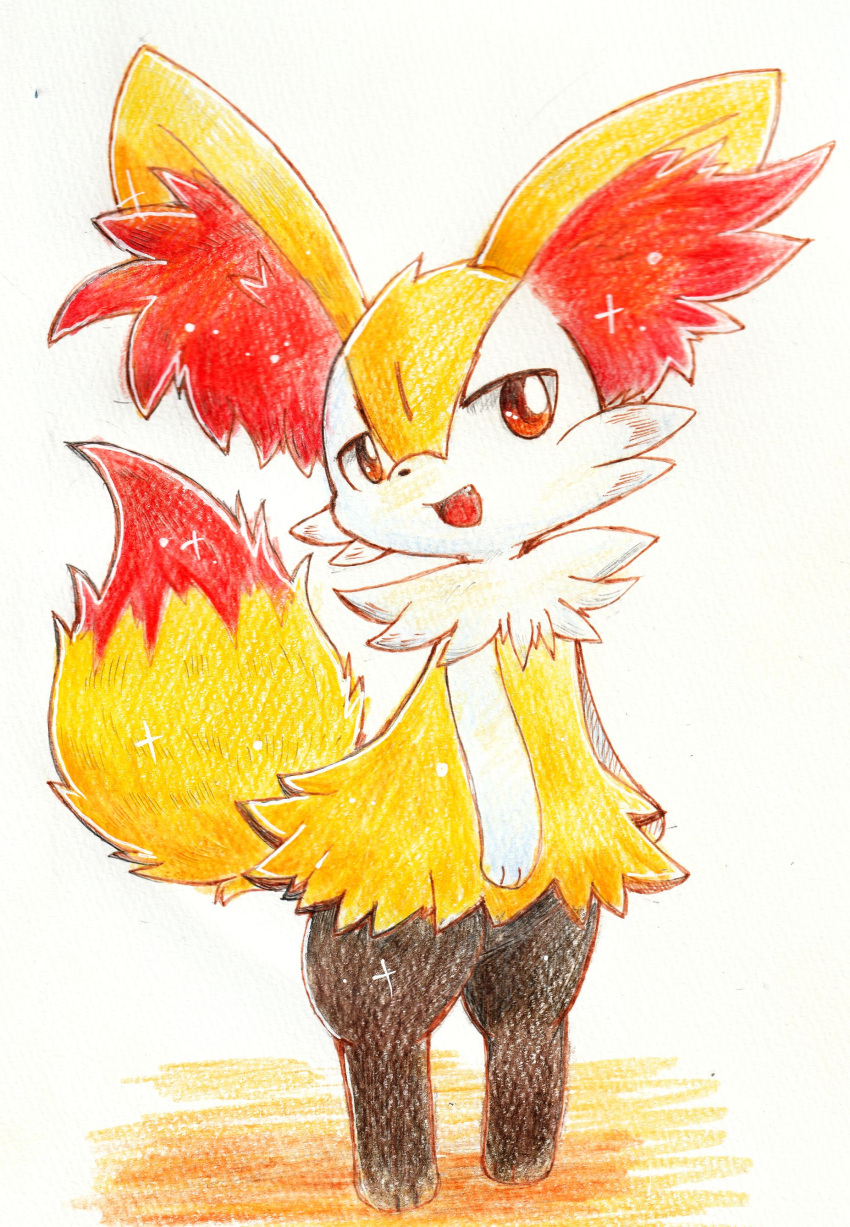 1girl, absurdres, animal_ear_fluff, animal_ears, animal_feet, animal_hands, animal_nose, arms_at_sides, black_fur, body_fur, braixen, commentary_request, fang, flat_chest, fox_ears, fox_girl, fox_tail, full_body, fur_collar, furry, furry_female, happy, highres, kirin1204, looking_at_viewer, multicolored_fur, open_mouth, partial_commentary, pokemon, pokemon_(creature), red_eyes, simple_background, smile, snout, solo, standing, tail, tail_raised, traditional_media, white_background, white_fur, yellow_fur