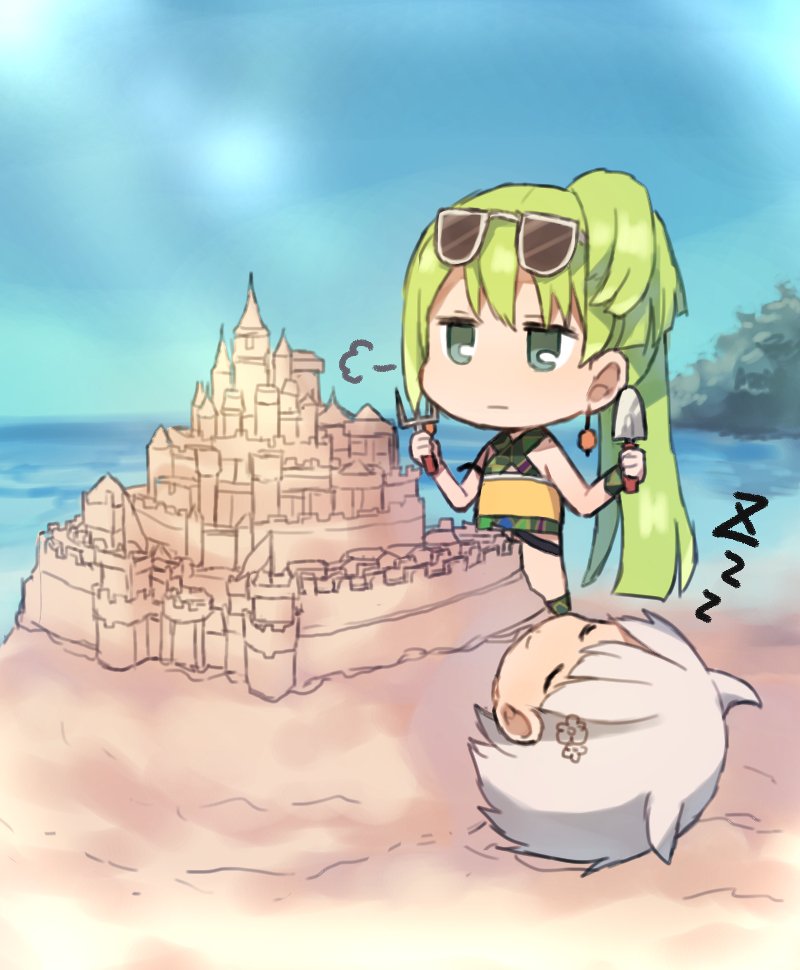 2girls, alina_gray, alina_gray_(swimsuit_costume), azusa_mifuyu, azusa_mifuyu_(swimsuit_costume), bangs, bare_shoulders, beach