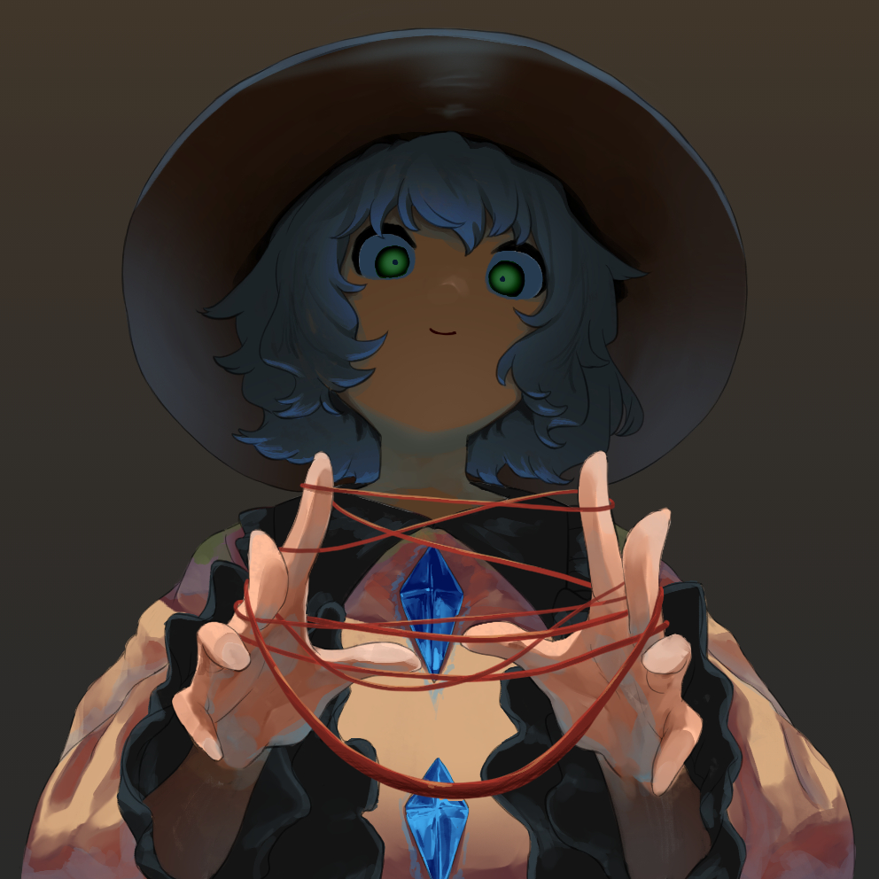 1girl, bangs, black_background, green_eyes, hat, kiyonetto, komeiji_koishi, long_sleeves