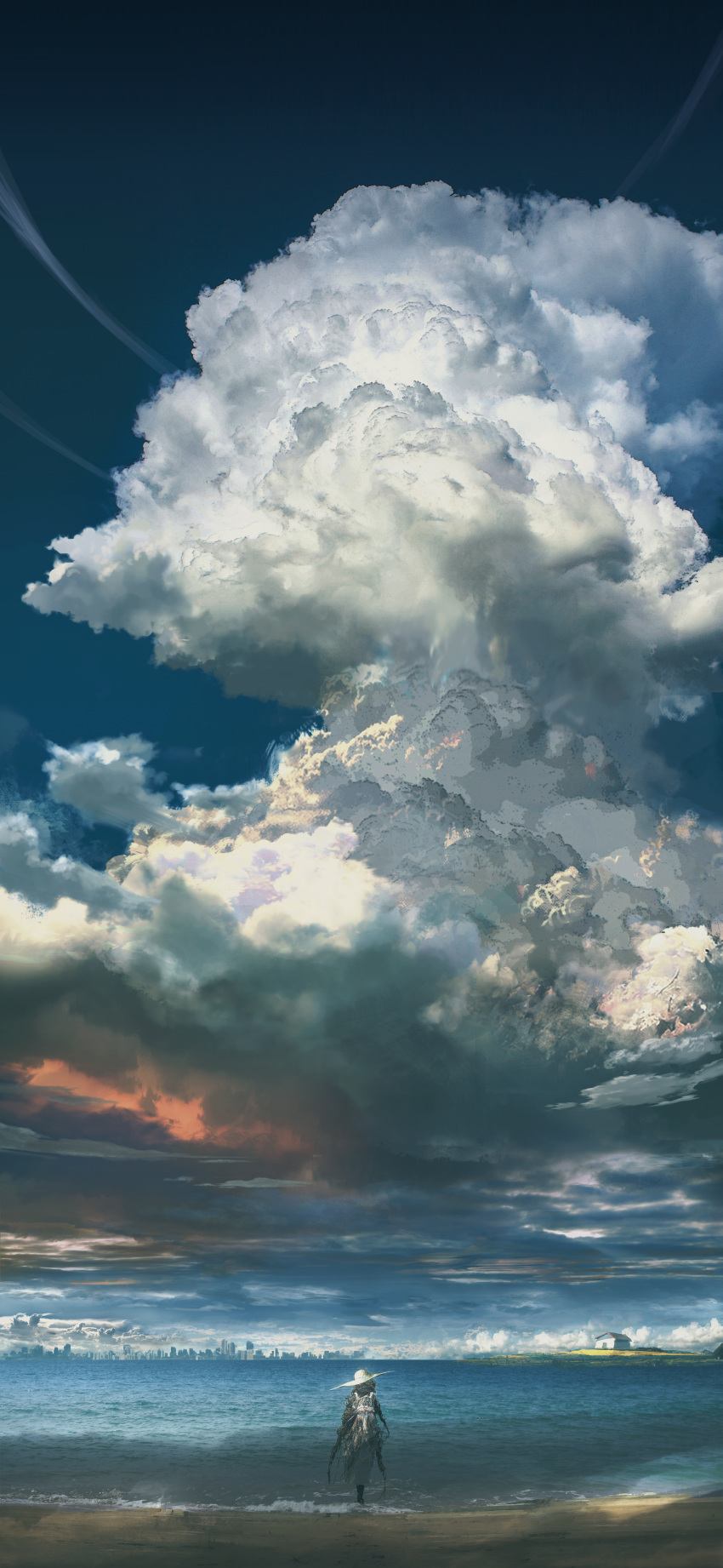 1girl, absurdres, beach, blue_sky, clouds, cloudy_sky, couldoh, cumulonimbus_cloud