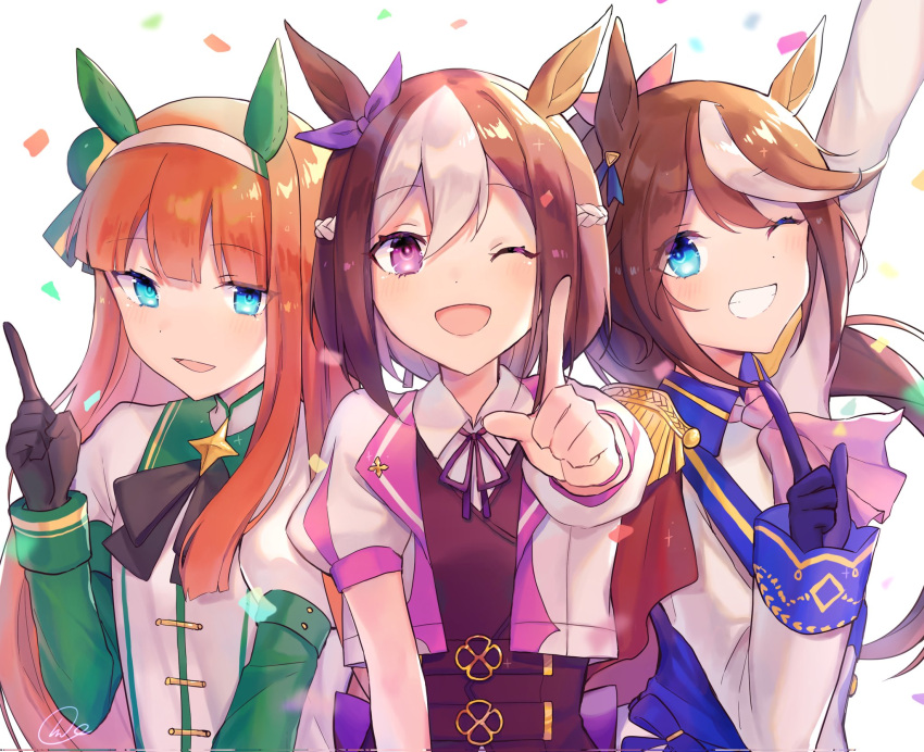 3girls, animal_ears, arm_up, ascot, bangs, black_gloves, blue_eyes, blush