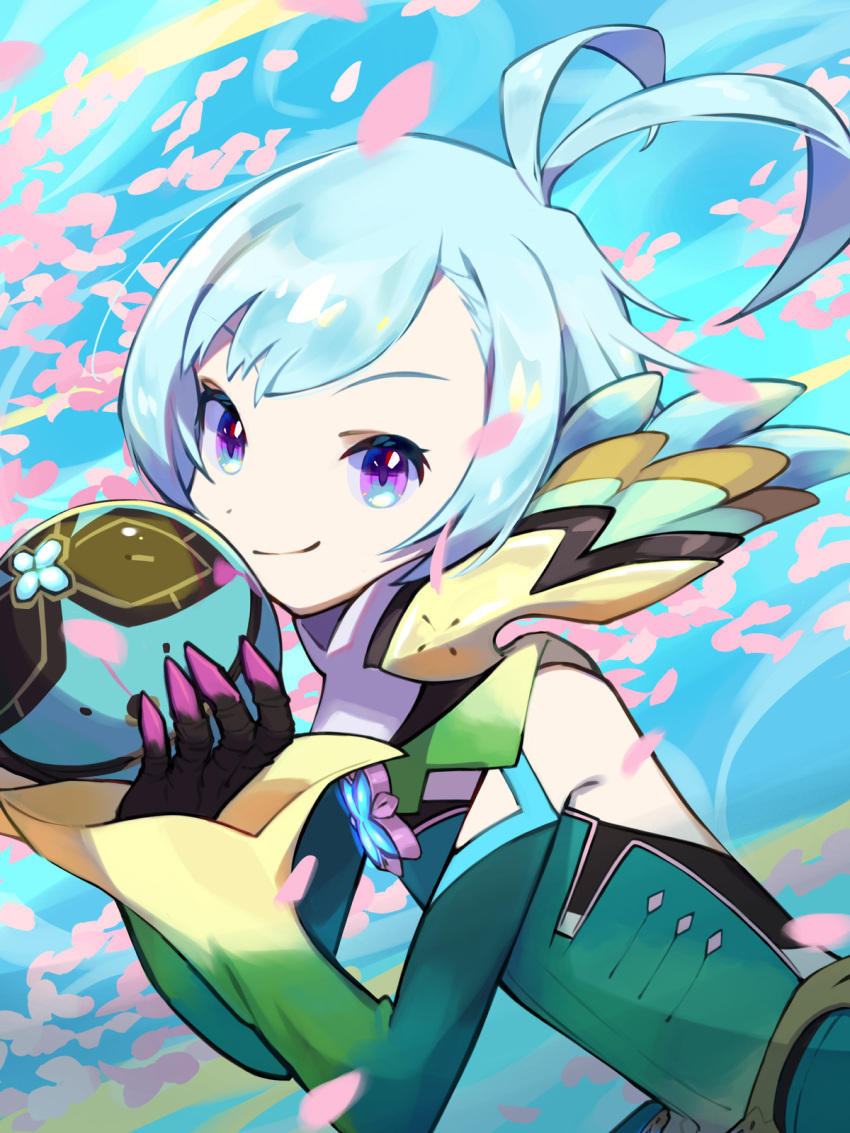 1boy, ahoge, asagi1111, bangs, bare_shoulders, blue_background, blue_hair, closed_mouth, elbow_gloves, floren_(xenoblade), gloves, green_gloves, green_leotard, highres, holding, leotard, looking_at_viewer, otoko_no_ko, petals, pink_eyes, short_hair, smile, solo, xenoblade_chronicles_(series), xenoblade_chronicles_2