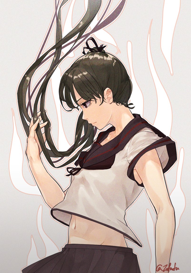 1girl, ayanami_(kancolle), ayanami_kai_ni_(kancolle), black_hair, black_neckerchief, black_ribbon, black_sailor_collar, black_skirt