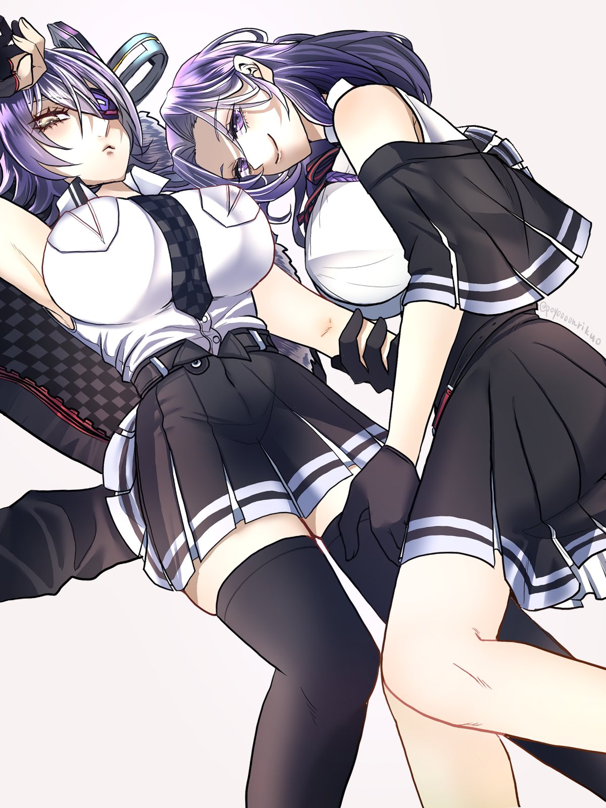 2girls, black_capelet, black_gloves, black_necktie, black_skirt, black_thighhighs, breasts, capelet