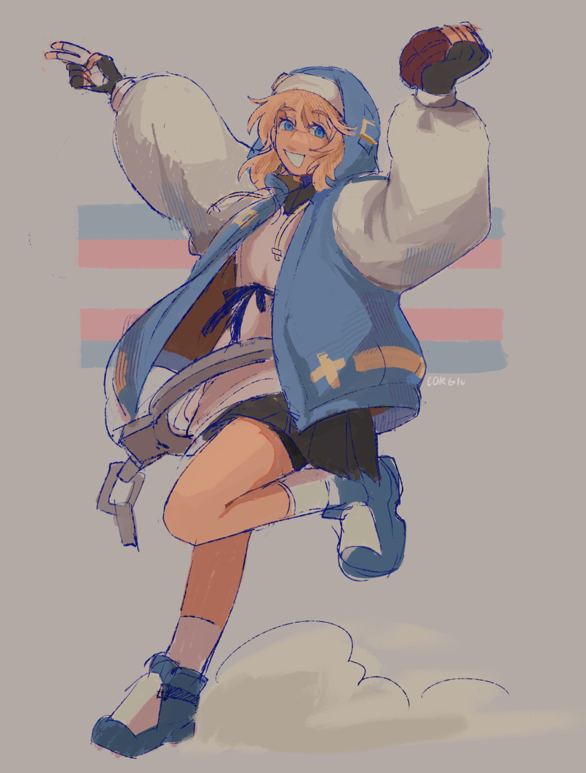 1girl, :d, absurdres, androgyne_symbol, artist_name, bike_shorts, bike_shorts_under_skirt, black_bow, black_ribbon, black_shorts, black_skirt, blonde_hair, blue_eyes, blue_footwear, blue_jacket, boots, bow, bridget_(guilty_gear), c-orgiis, chain, commentary, drawstring, dust_cloud, english_commentary, fingerless_gloves, gloves, grey_background, grin, guilty_gear, guilty_gear_strive, hair_between_eyes, hands_up, highres, hood, hood_up, hooded_jacket, hoodie, jacket, jaggy_lines, knee_up, lgbt_pride, long_hair, long_sleeves, looking_at_viewer, miniskirt, multicolored_clothes, multicolored_hoodie, open_clothes, platform_footwear, pleated_skirt, puffy_long_sleeves, puffy_sleeves, raglan_sleeves, ribbon, shorts, shorts_under_skirt, sidelocks, signature, skirt, smile, socks, solo, standing, standing_on_one_leg, transgender_flag, v, white_sleeves, white_socks, yo-yo