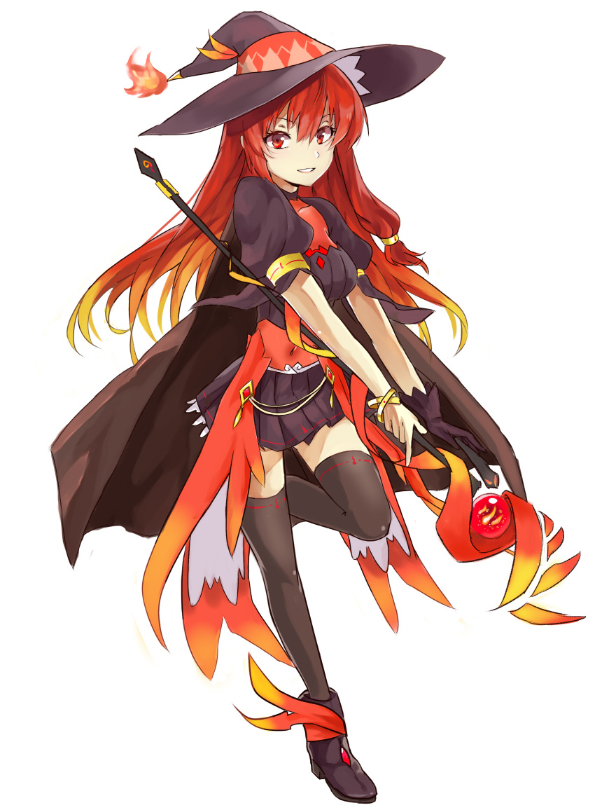 absurdres, ankle_boots, black_footwear, black_skirt, black_thighhighs, boots, breasts, cloak